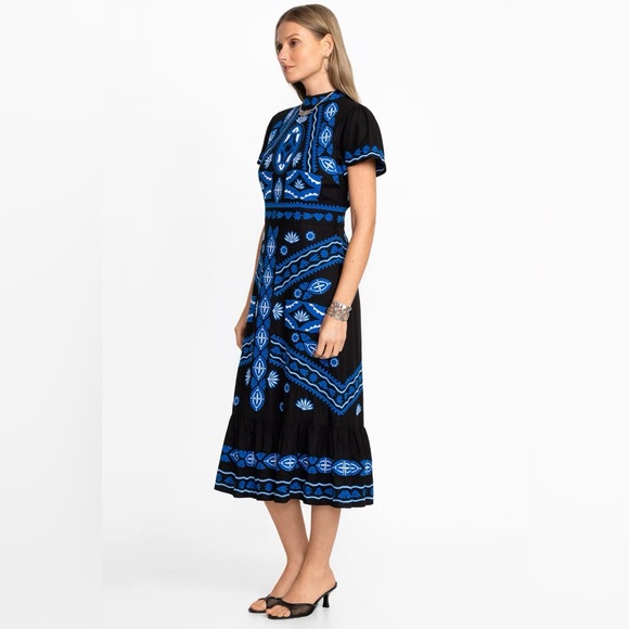 Johnny Was Jade Stephy Midi Dress Embroidered Blue Black Size 10 Boho Luxe - Picture 2 of 9